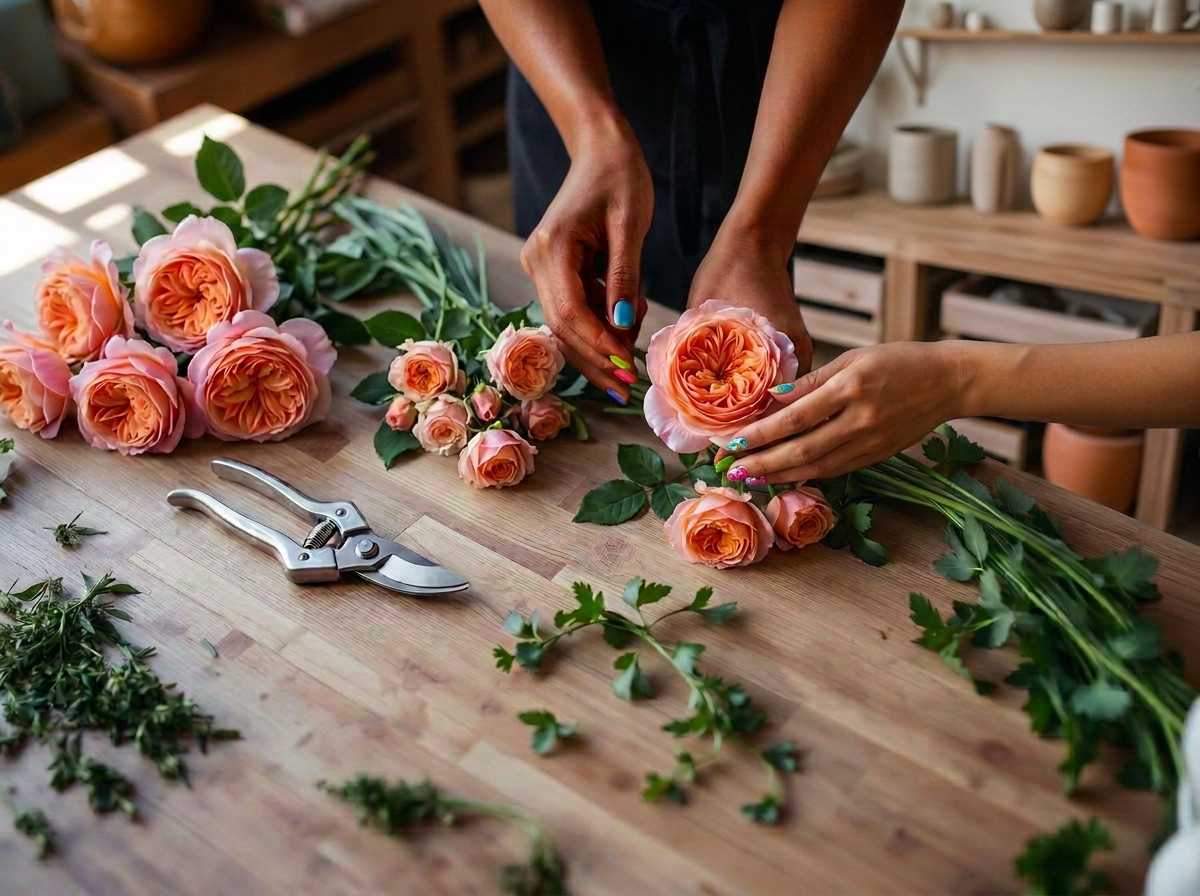 Hands arranging flowers